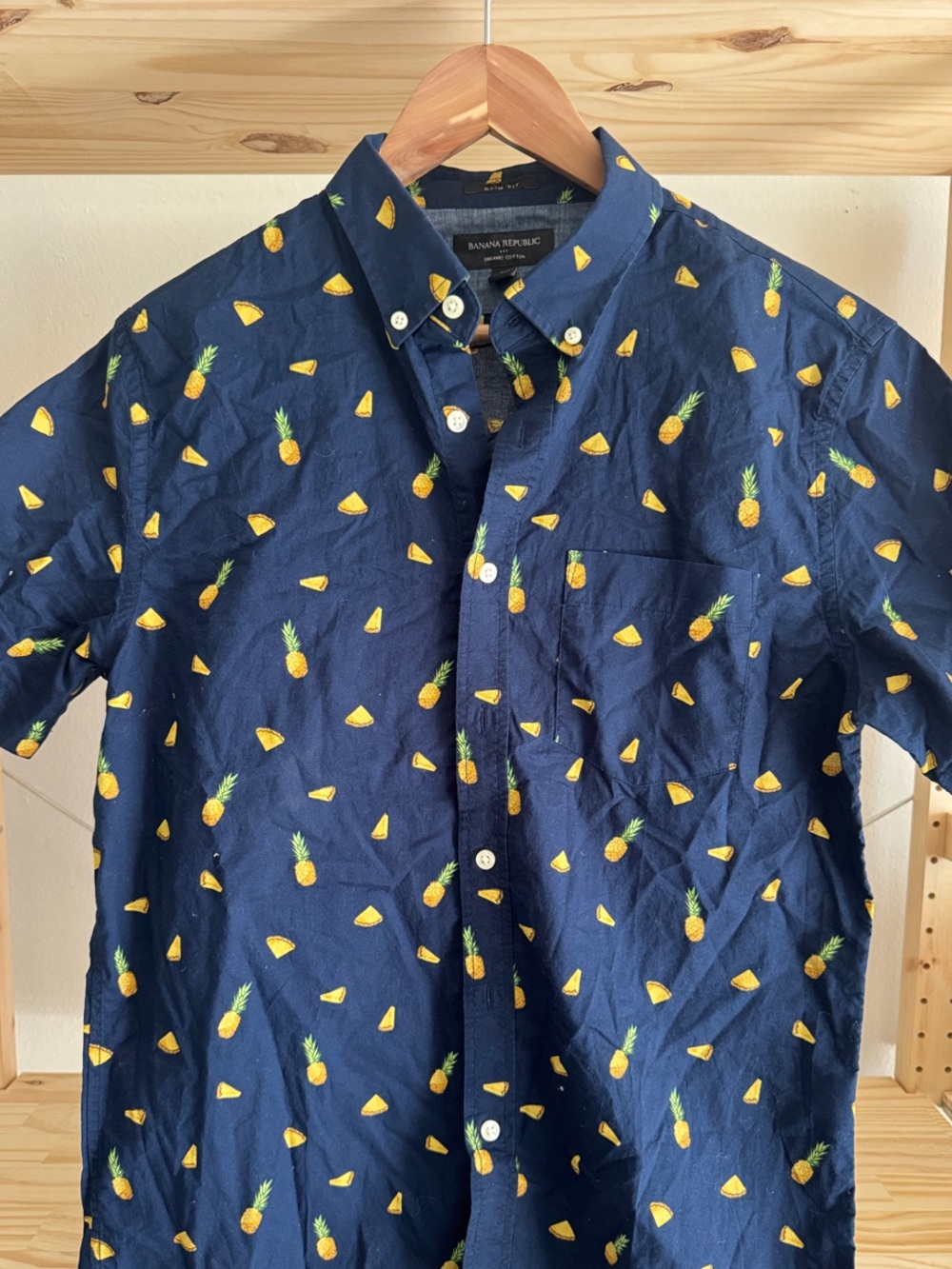 Banana Republic Navy Short-Sleeve Button-Down with Yellow Pineapple Print
